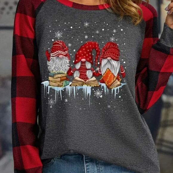 NEW! Christmas Gnome Long Sleeve T Shirt Holidays Buffalo Plaid Grey Santa - Picture 1 of 2